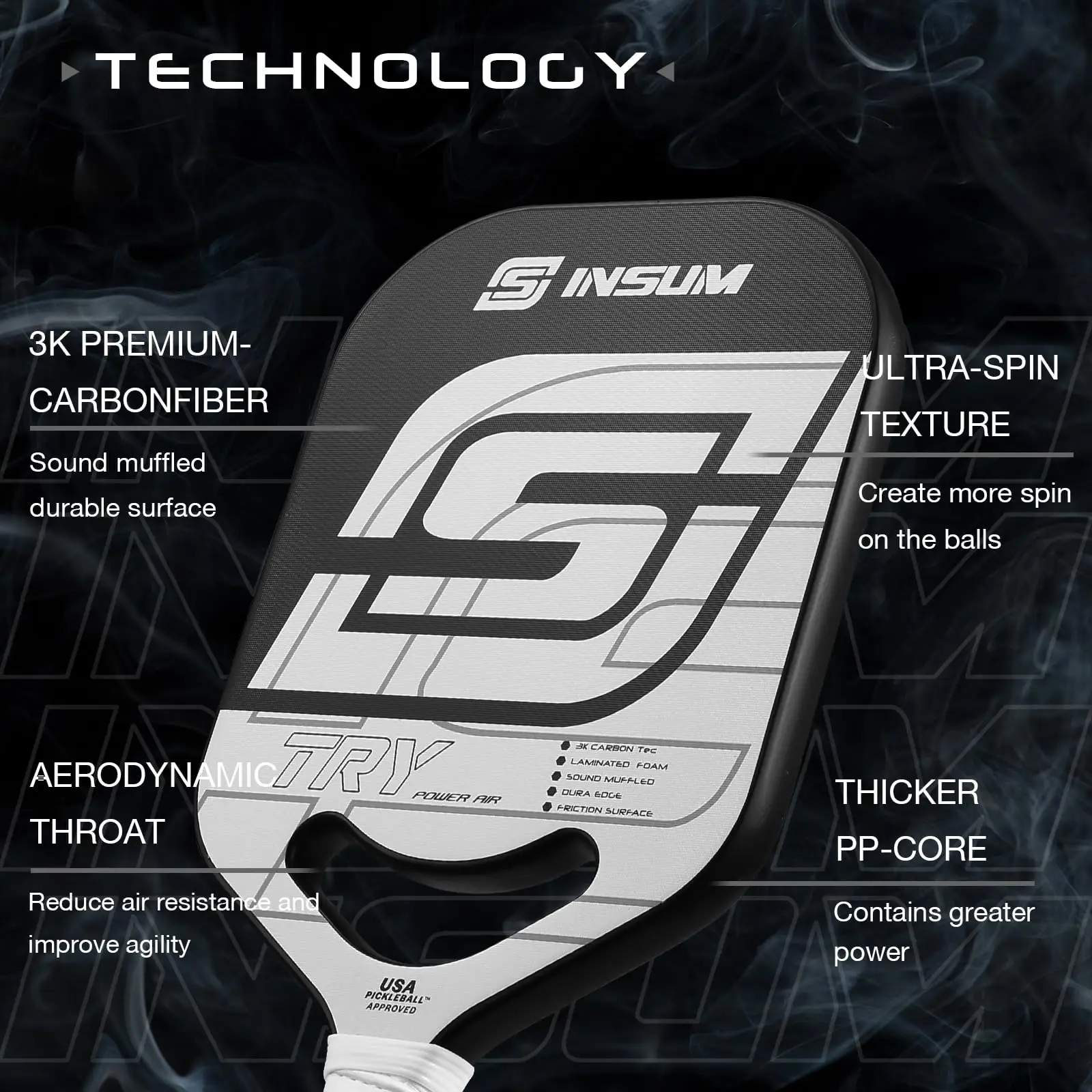 INSUM-Pickleball dayung dengan thermoforged PP Core, 3K serat karbon, 19.6mm, raket