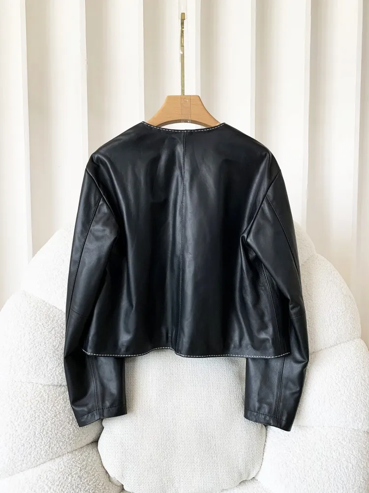 Elegant Office Ladies Genuine Leather Short Jacket V Neck Single Breasted Fashion Designer Spring Autumn Women Sheepskin Coat