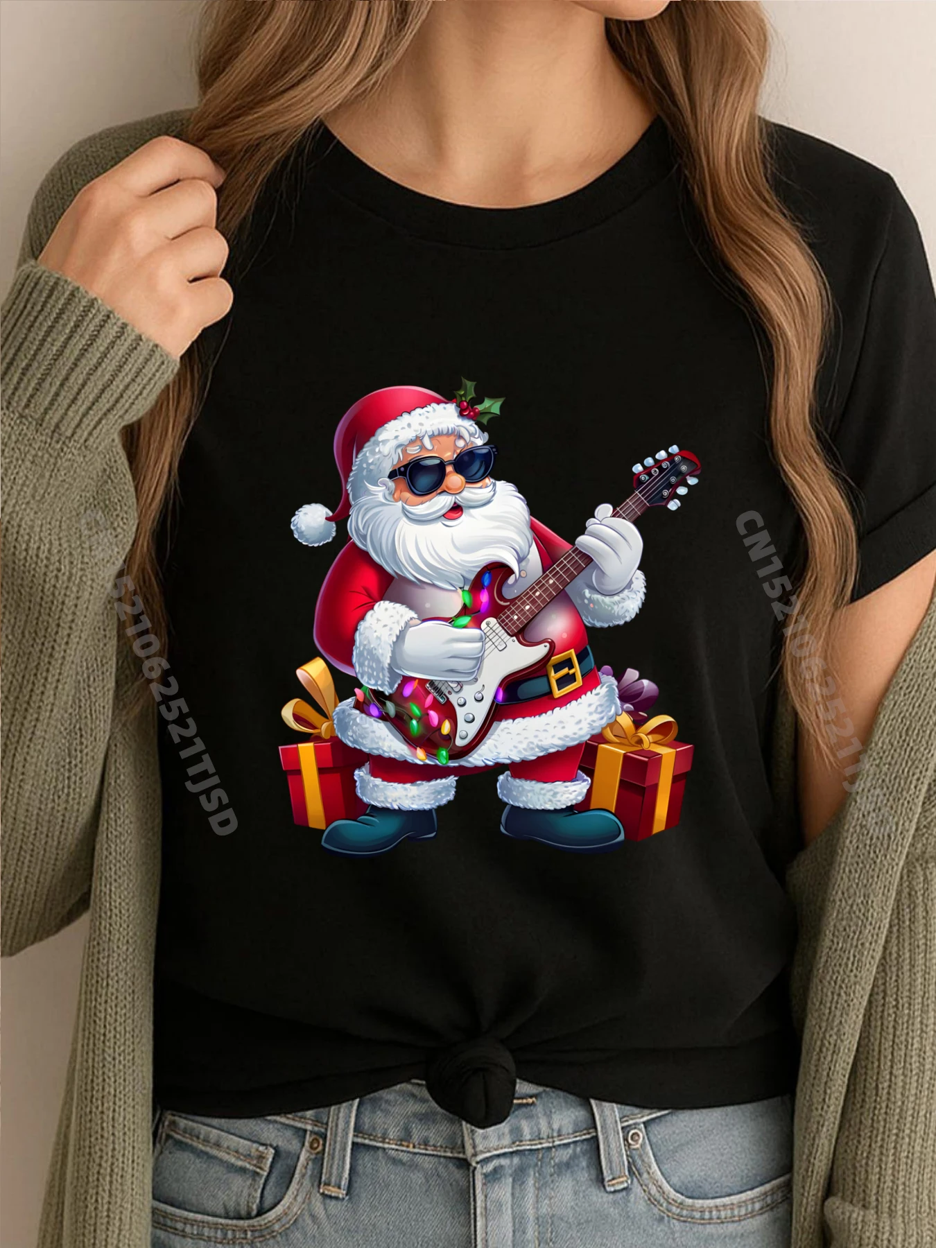

Guitarist Xmas Lighting Santa Playing Guitar Christmas Luxury Designer T Shirt