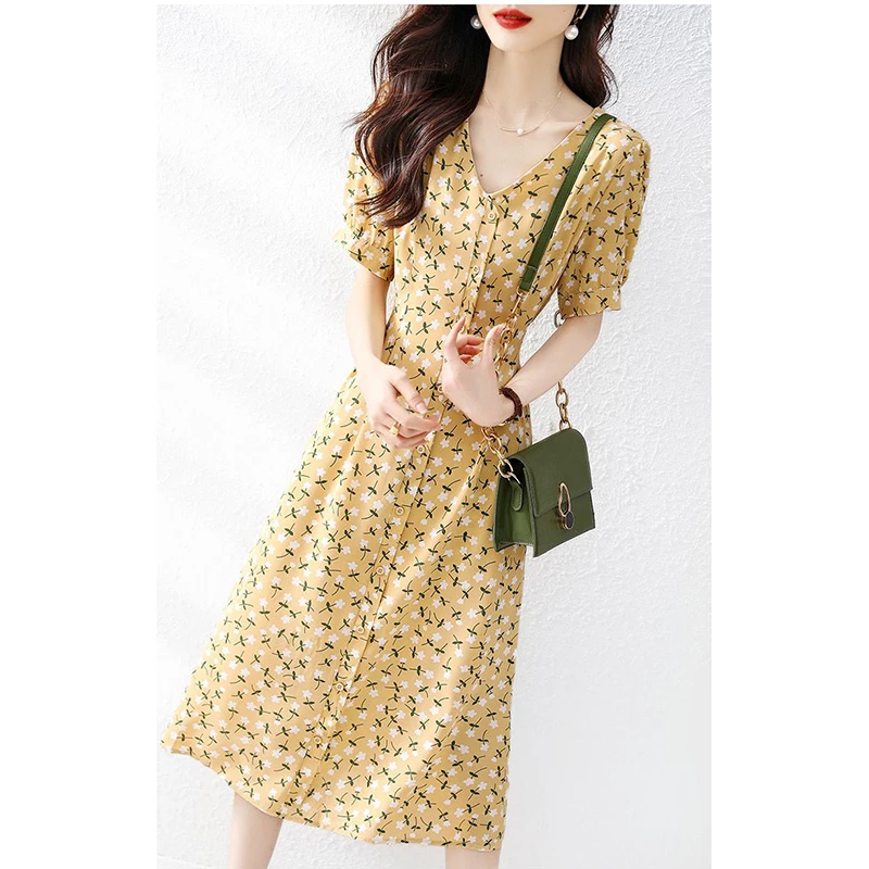 Fashion V-Neck Button Printed Bandage Puff Sleeve Floral Dress Women's Clothing 2024 Summer New Loose Office Lady Elegant Dress