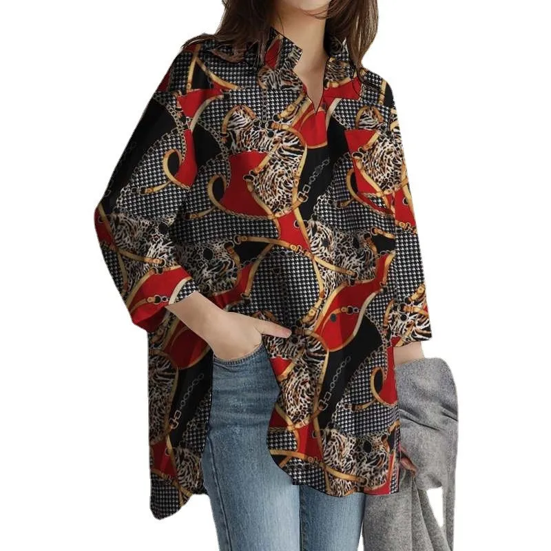 

Spring New Plus Size Women's Casual Shirt 8XL 7XL 6XL 5 Fashion Lapel Printed Long Sleeve Pocket Loose Top