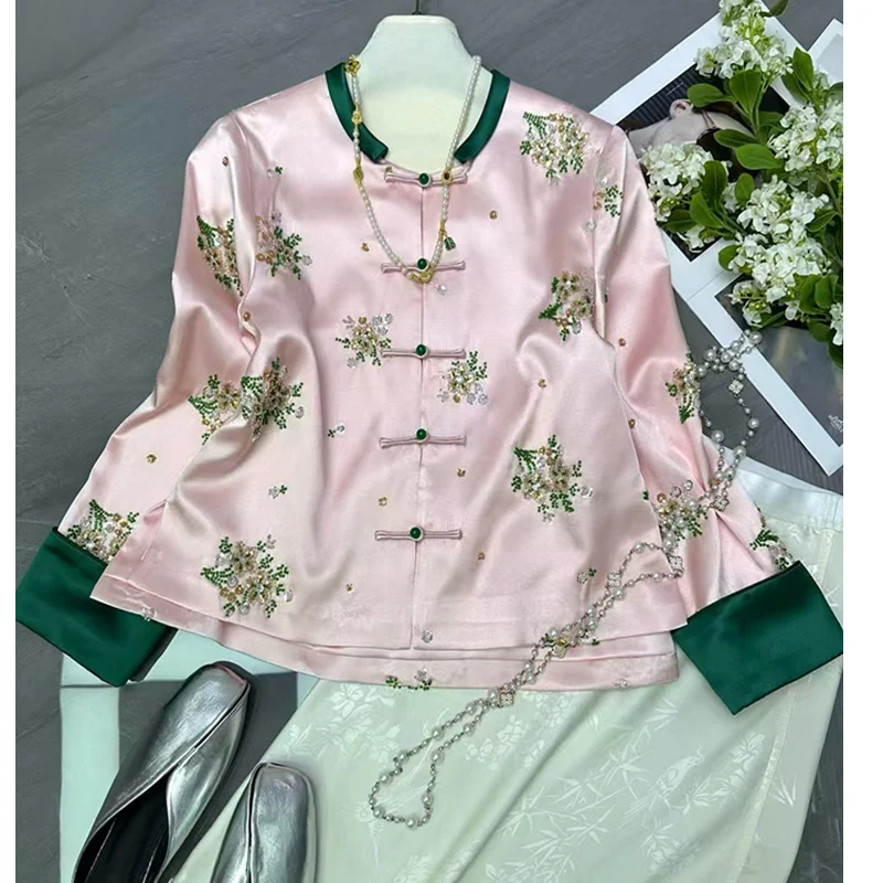 

Spring New Chinese Style Fashionable Contrasting Color Cuffs Acetate Fabric Beading + Sequin Embroidery Women's Jacket S-XL