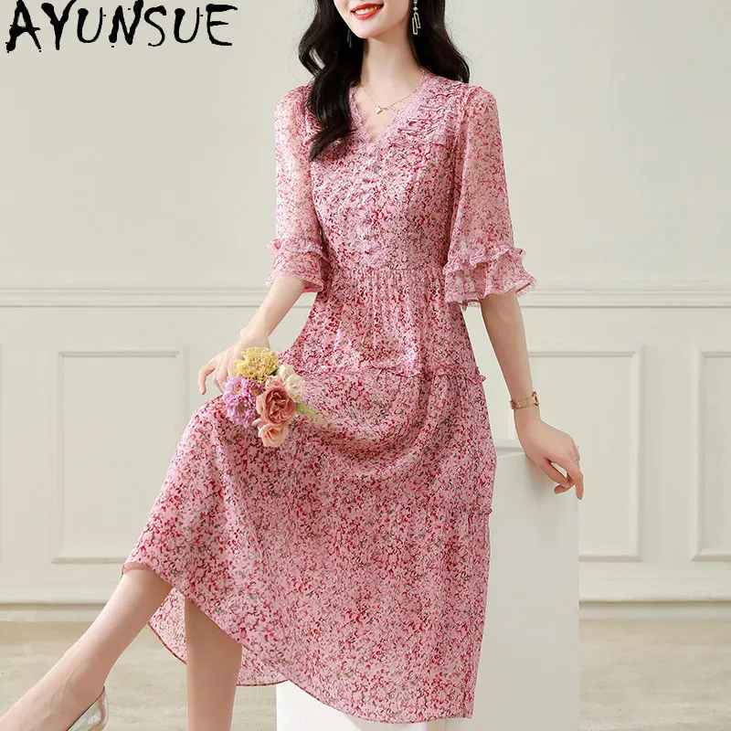 AYUNSUE 100% Natural Mulberry Silk Womens Dresses Elegant Dresses for Women Summer Clothes Long Dress Slim Fit Vestidos De Mujer