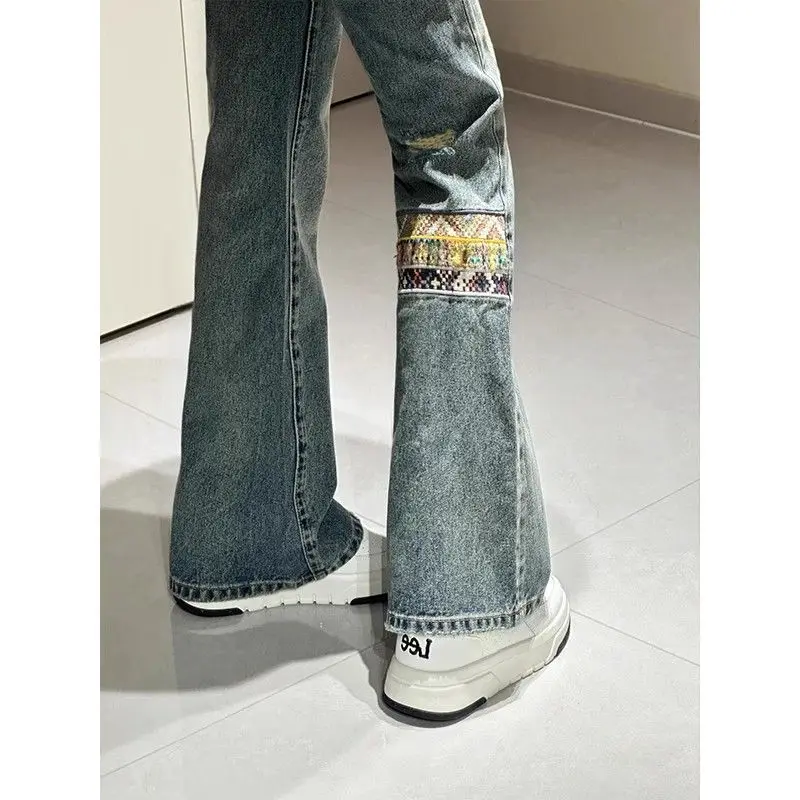 

Мужские джинсы в стиле ретро в американском этническом стиле, прямые брюки-колокольчики для похудения, длинные брюки CleanFit, повседневные хлопковые джинсы