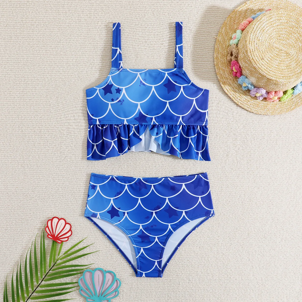 

Girls High Waist Bikini Two Pieces Swimsuit Kids Blue Children's Swimwear 7-12 Years Teenager Bathing Suit Cute Beachwear 2024