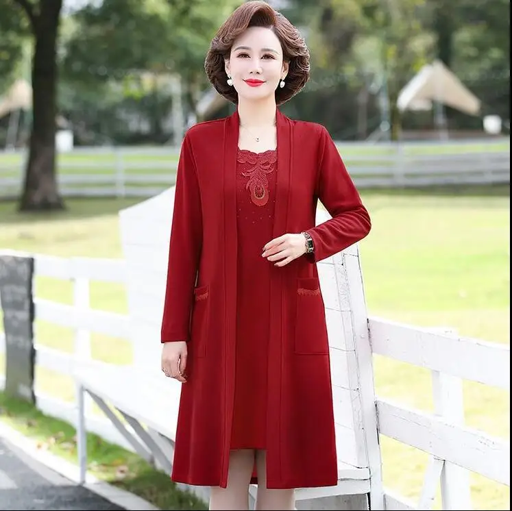 Middle-aged Female Dress Two-piece Suit Spring Autumn High-end Elegant Dress Women\'s Embroidered Dress Set 5XL