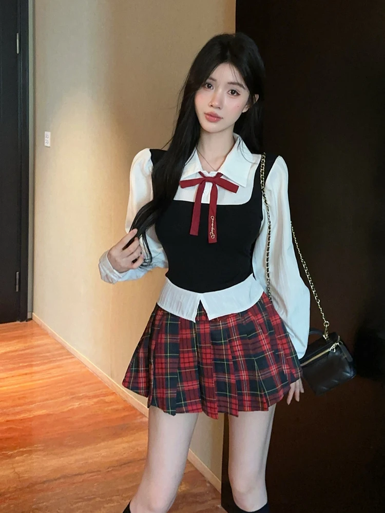Sweet And Spicy College Style Fashionable Long Sleeve Plaid Shirt And Skirt Set Women's Autumn Casual Slim Fit Two-Piece Outfit