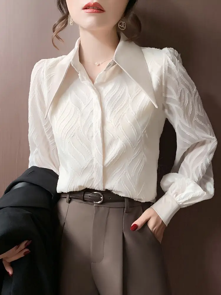 French Autumn Women Puff Sleeve Design Chic Silk Blouse White Balck Button Office Lady Tops Long Sleeve Bottom Lace Shirt A31