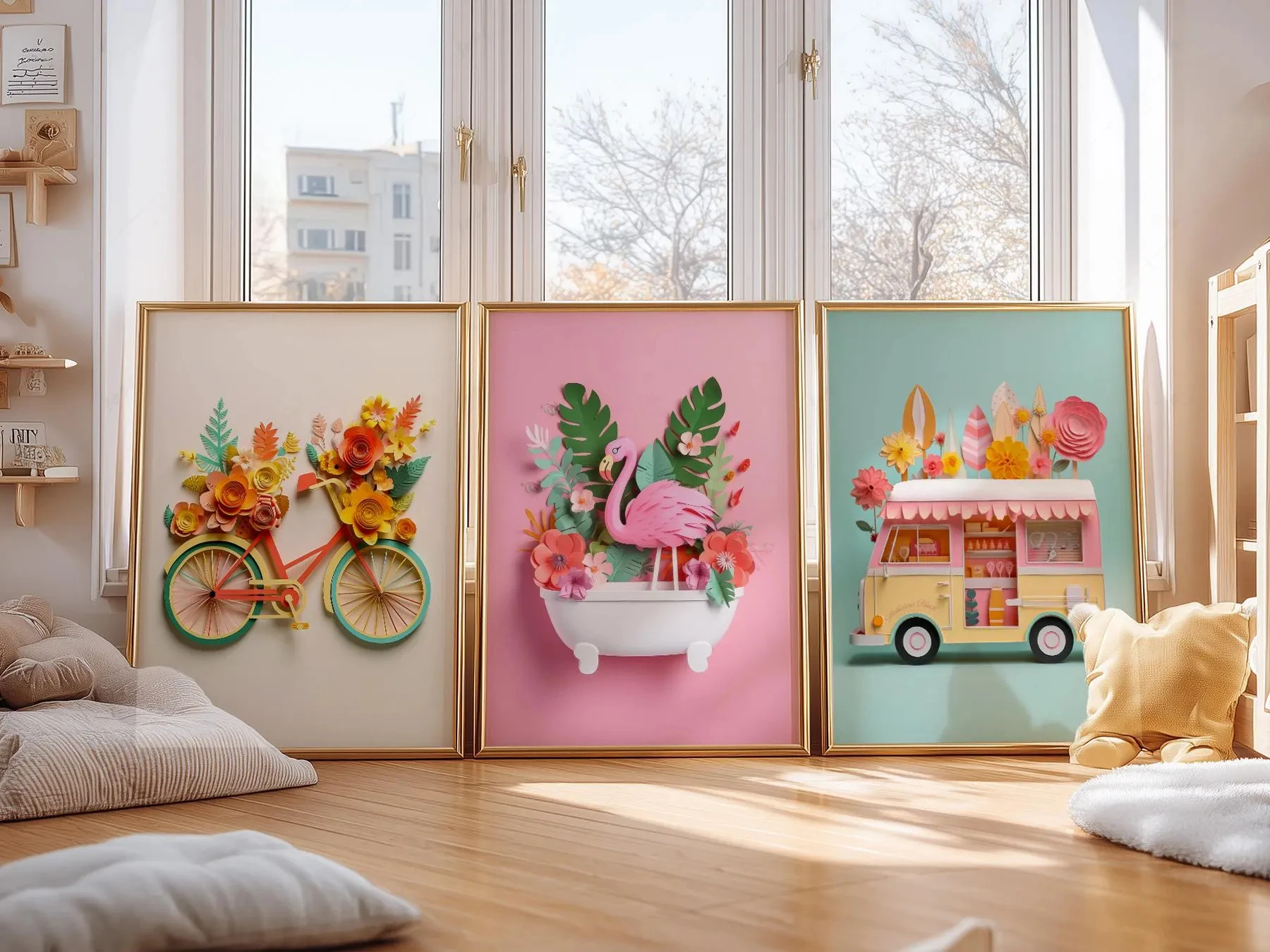 Kids Wall Art Set of 3, Nursery Decor, Colorful Prints, Flamingo, Bike with Flower Basket, and Ice Cream Truck