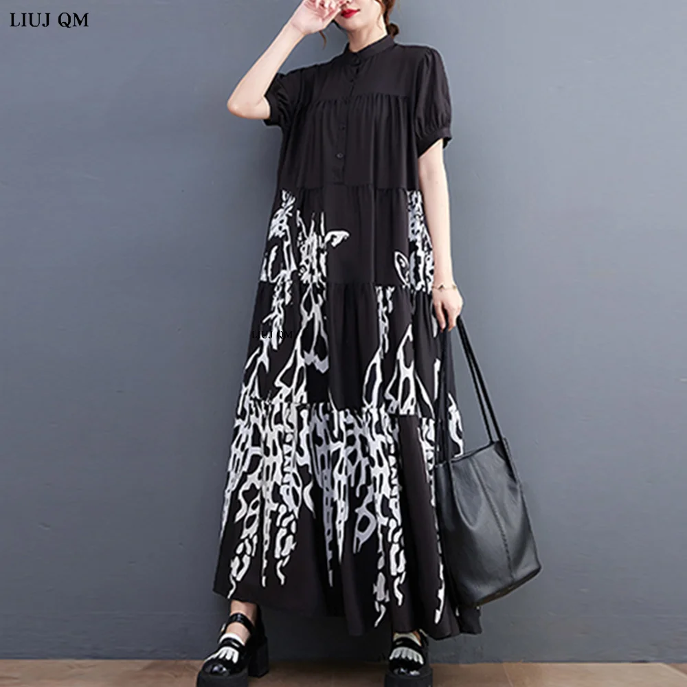 New Korean Style Woman Summer Graffiti Printed Long Black Large Shirt Dress Plus Size Loose Fit Tide Casual Robe Femme