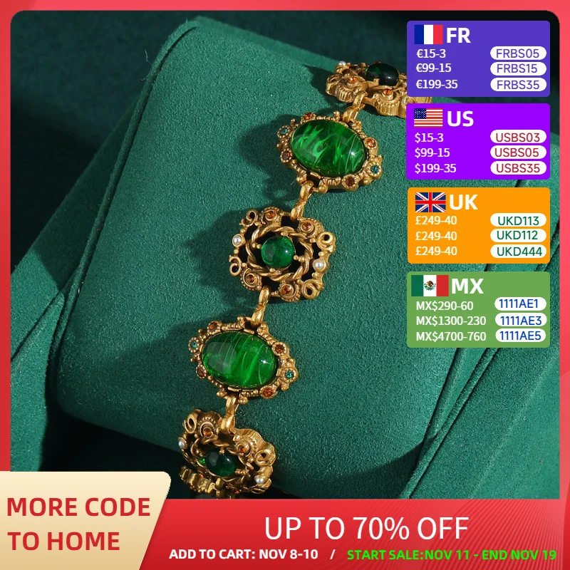 

Vintage Gold Color Green Agate Bracelets For Women Natural Stone Colorful Rhinestones Round Antique Jewelry Accessories Boho