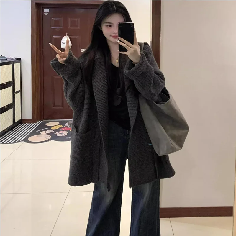 Women's Lazy Style Grey Lapel Hooded Sweater Coat, Autumn Winter Thickened Loose Mid-Length Knit Cardigan Top