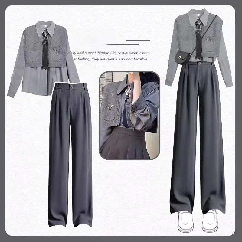 

Модный осенний женский комплект из трех предметов: повседневные брюки с высокой талией, рубашка и жилет — стильное и компактное решение для гардероба