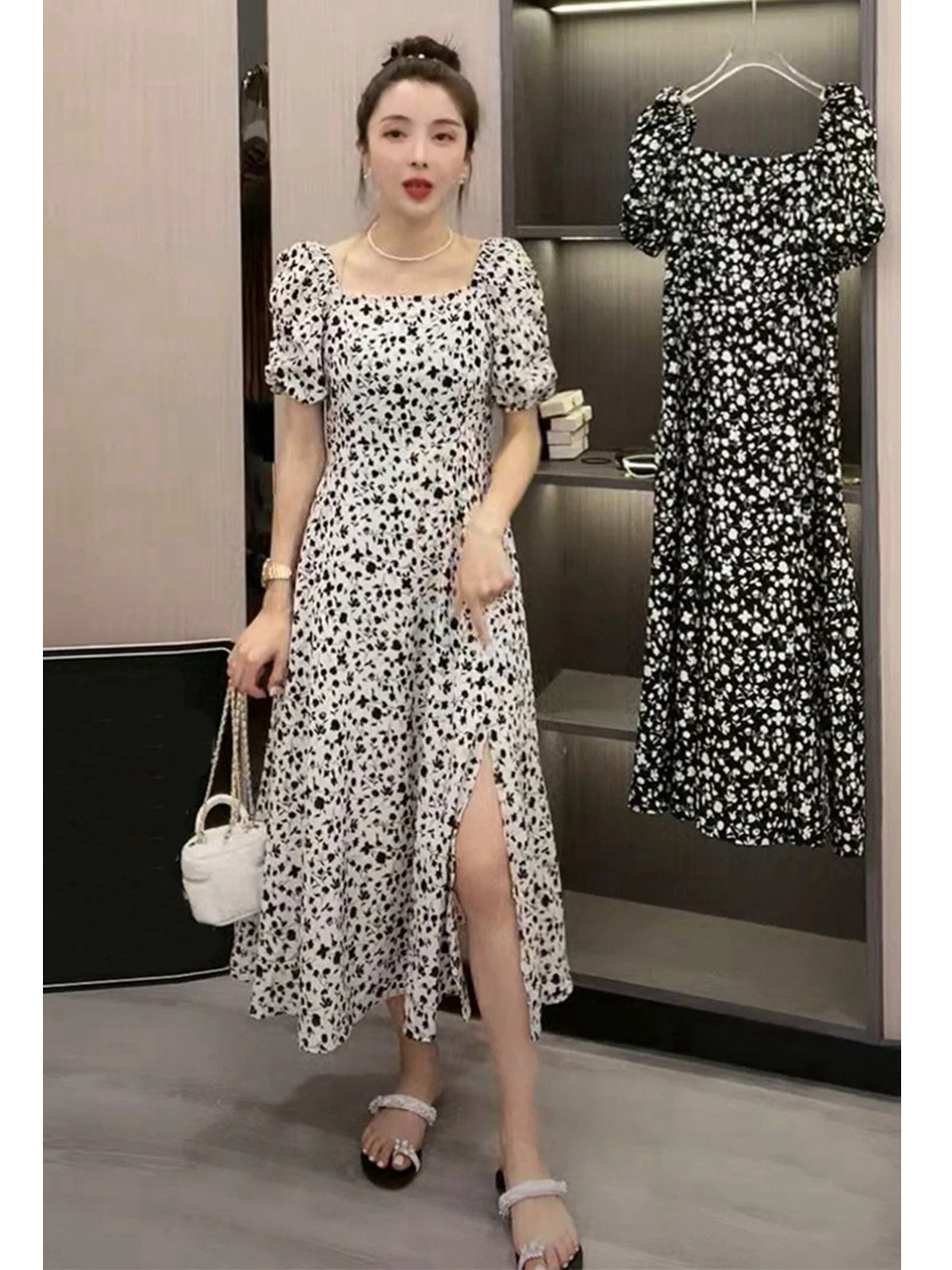 Colletto quadrato con stampa floreale ort Sve Long Dr Dimagrante Pancia che copre Vita alta A-Line Estate Nuovo arrivo Donna Dr