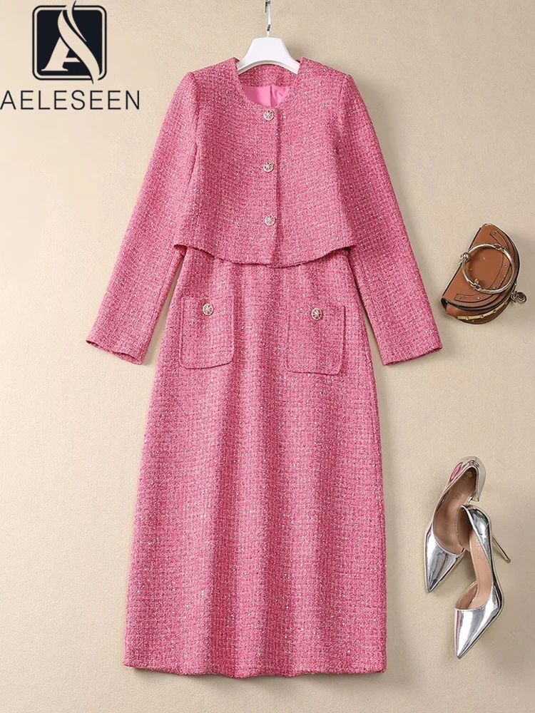 

AELESEEN High Quality Autumn Winter Set Women Solid Elegant Coat + Slim Sleeveless Square Collar Midi Dress 2 Pieces Set