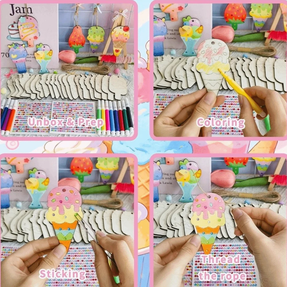 Wooden Ice Cream Graffiti Kit Hanging Decor Handmade DIY Graffiti Set Party Photo Props Creative Painting Set