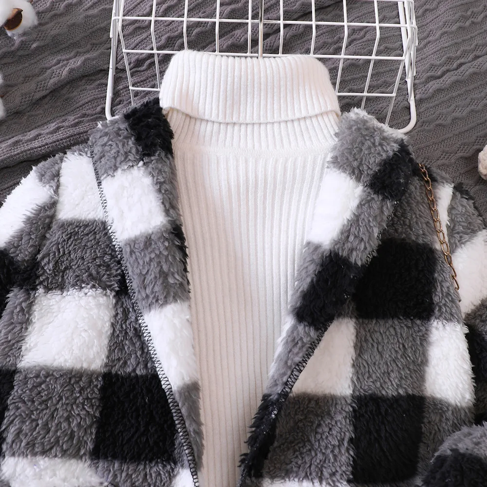 Kids Casual Coat for Girls Clothes Autumn Winter 2024 New Child Long Sleeve Plaid Fur Thicken Long Outwear Knitwear not Include