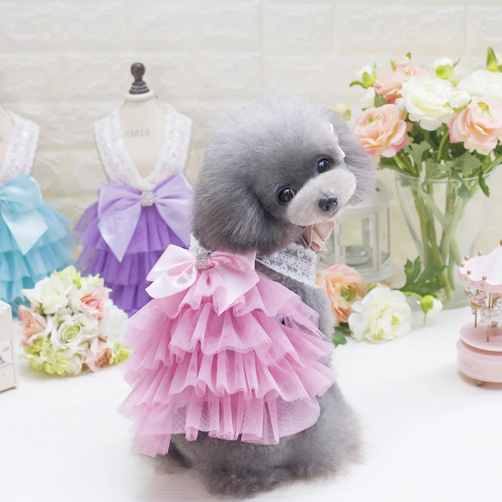 

Pet Dog Dress Pink Small Lace Bowknot Tutu Multilayer Sweet Puppy Dress Charming Cozy Clothes for Walking Jogging