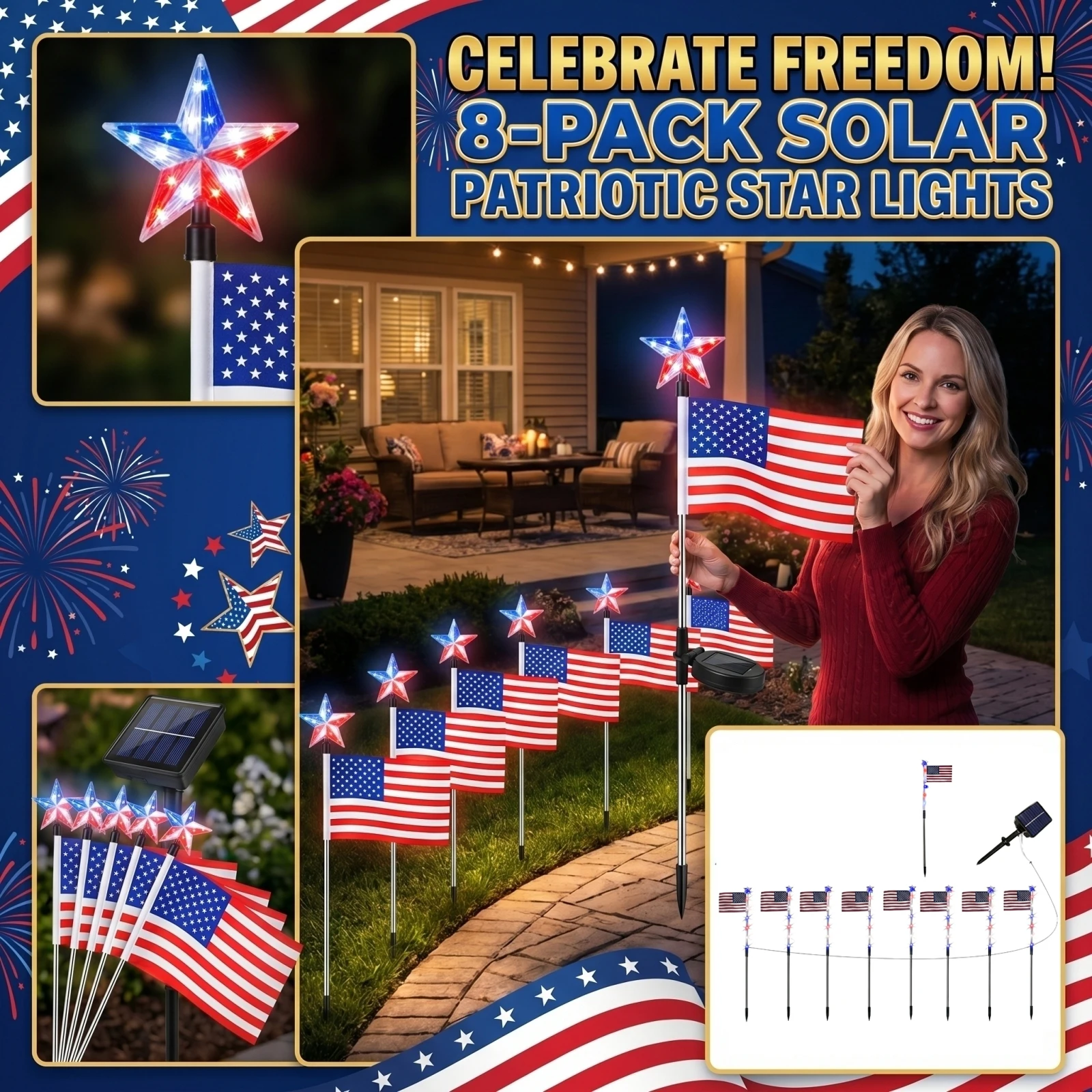 Solar Powered American Flag LED Pathway Lights Star Stake Lights Waterproof Outdoor Landscape Decor for Independence Day