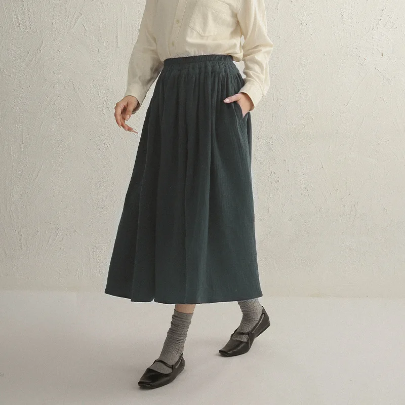 

Muslin 100% Cotton Gauze Long Skirt For Women Elastic High Waist Harajuku Streetwear Maxi Skirt With Pockets Faldas Para Mujeres