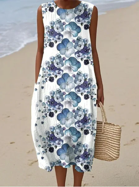 

3D Star Printed V-neck Loose Pullover Fashion Popular Pocket Women's Summer Sleeveless Dress