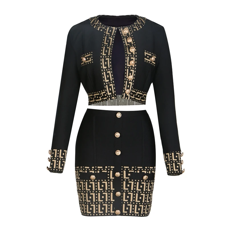 MSMUSI 2024 New Fashion Women Sexy Jacquard Two Piece Set Bodycon Party Long Sleeve Button Blazer Top Short Mini Skirt Set Suit