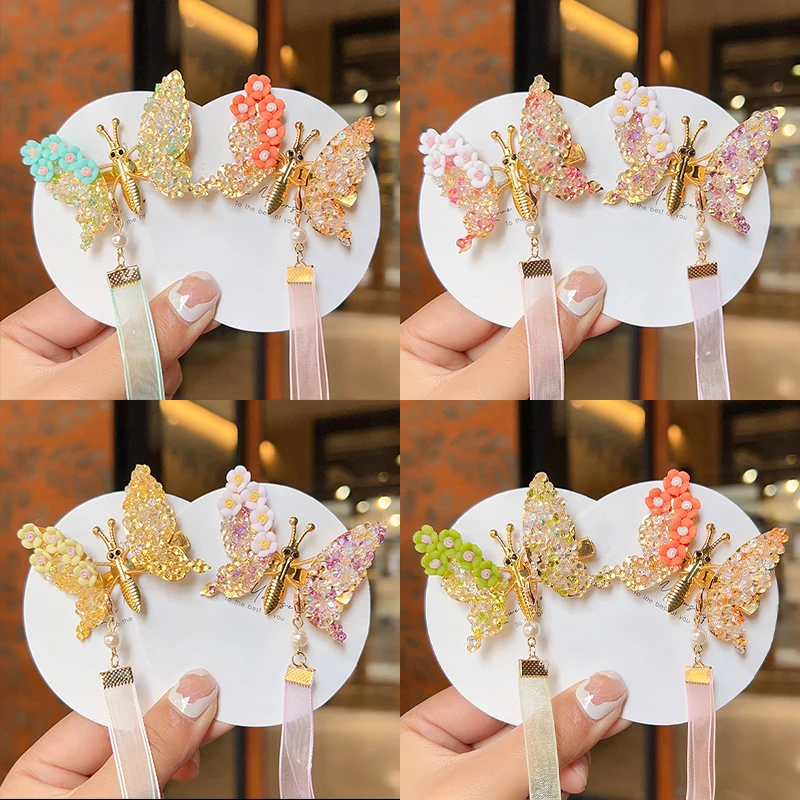 2023 New Children Summer Butterfly Rhinestone Hairpin Clip Sweet Pearl Ancient Style Barrettes Hairpins Kids Hair Accessories