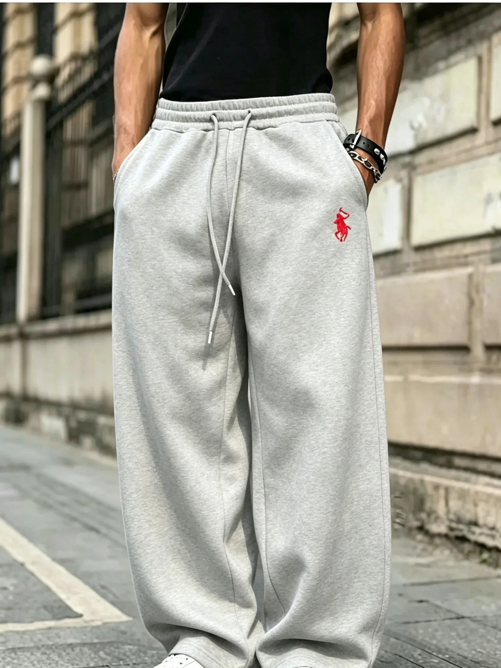 2026 Herren Streetwear Weite Jogginghose mit Hufeisen-Stickerei, lässige Sport-Langhose, modische lockere Hose für den Herbst – Detail 4