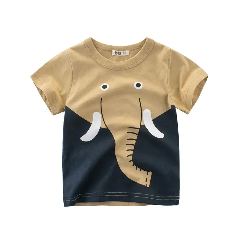 2025 Summer T-Shirt for Boys Kids Elephant Giraffe Lion Print Cotton Tops Children Short Sleeve Cartoon Tee 2-10Y Dropshipping