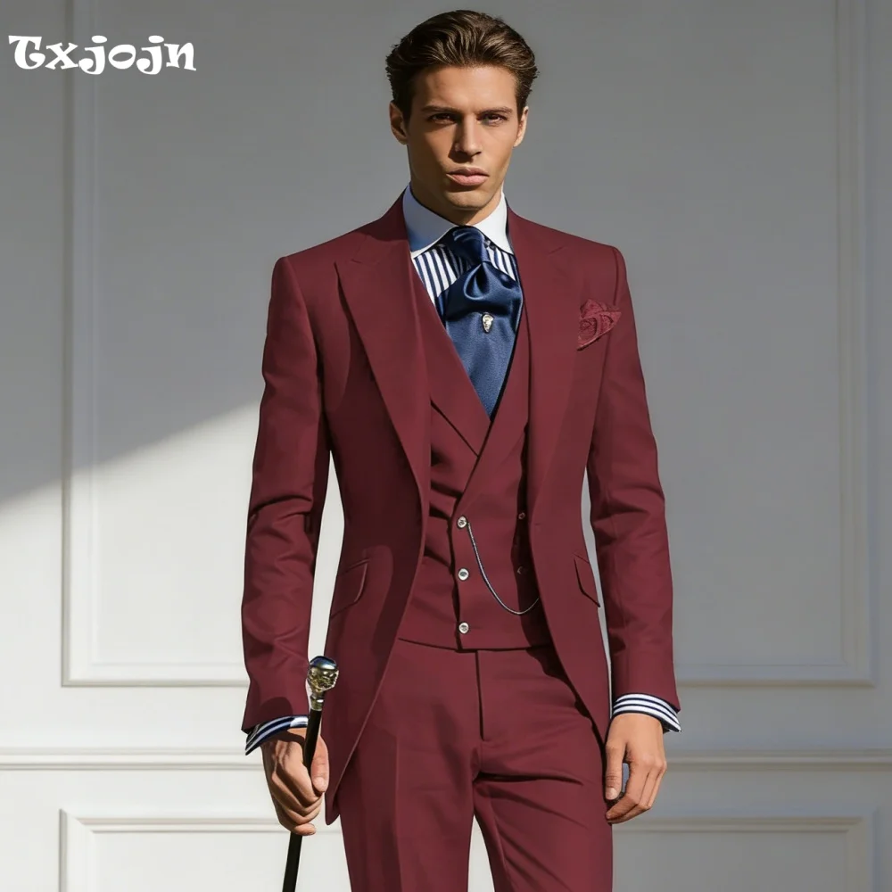 

Mens Burgundy 3PCS Suit Peak Lapel Slim Fit Perfect Groom Attire for Weddings Receptions Formal Evening Events Bridal Showers
