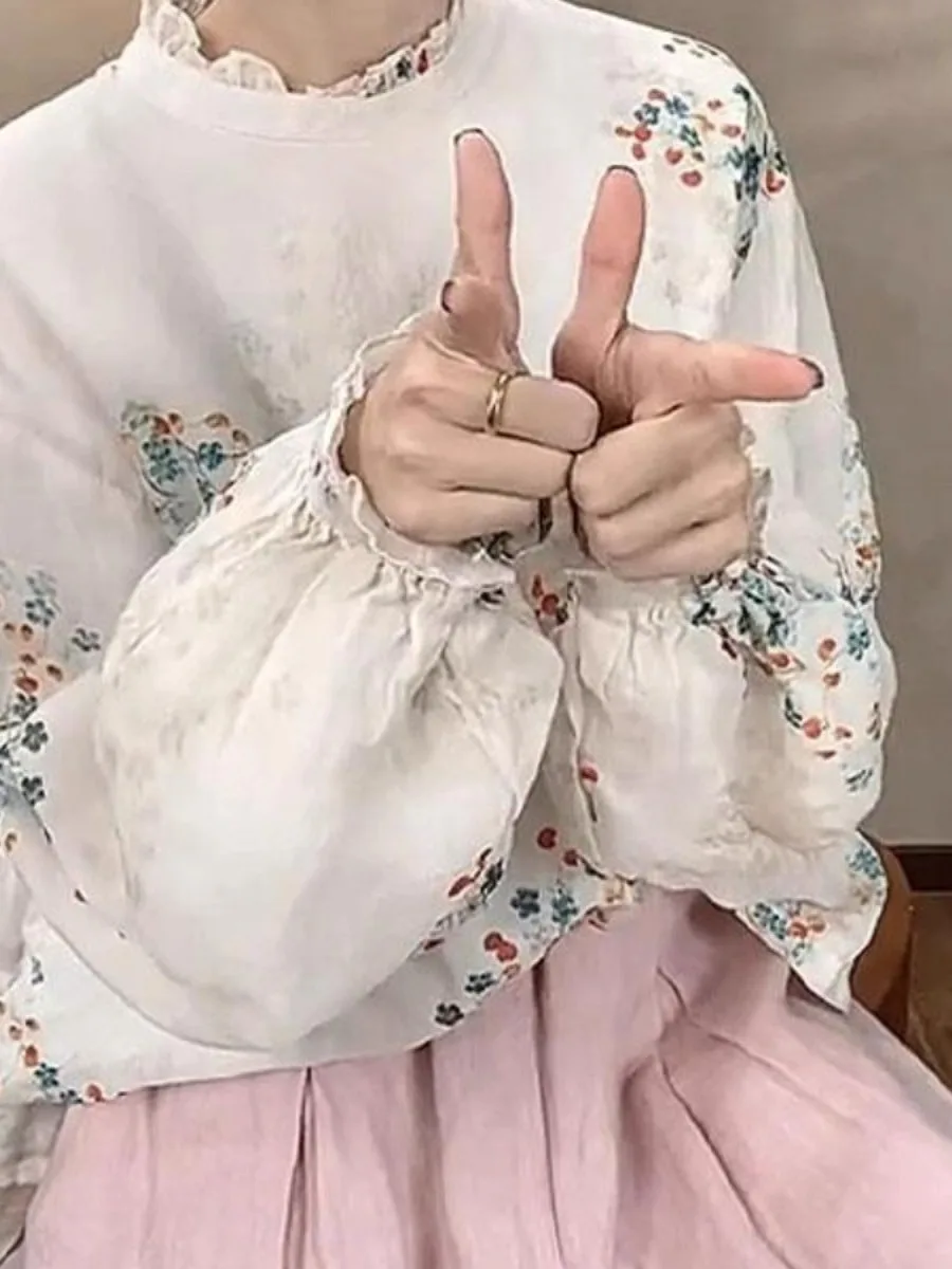 Fre giapponese Sle cotone sciolto irt donna Faion riduzione dell'età colletto in pizzo Thiened Long Sve stampato cotone Jaet