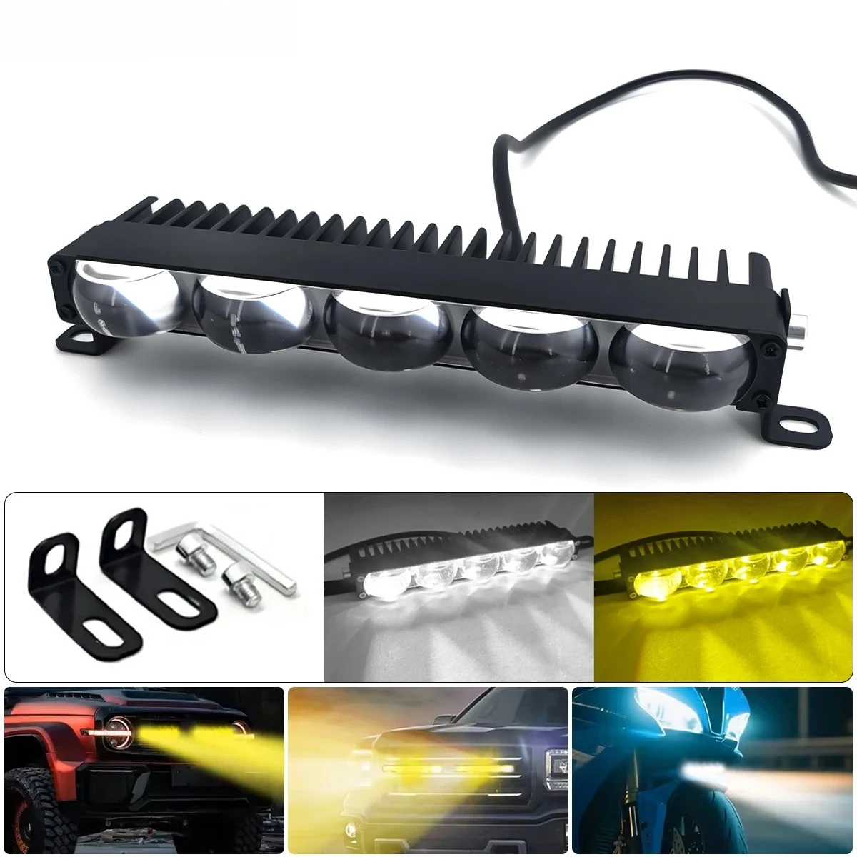 

New Yellow/White Dual-Color Motorcycle LED Spotlight – Single-Lens Work Light, High-Brightness Grid/Grille Mount Car LED Light