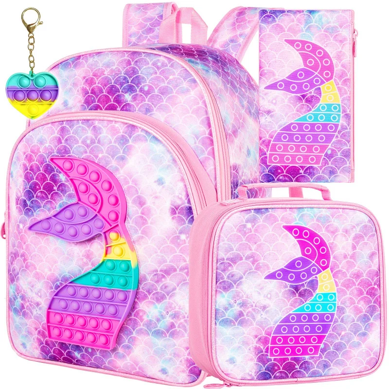 

3PCS Kids Backpacks for Girls, 16" Little Kid Mermaid Sequin Preschool School Bookbag and Lunch Box