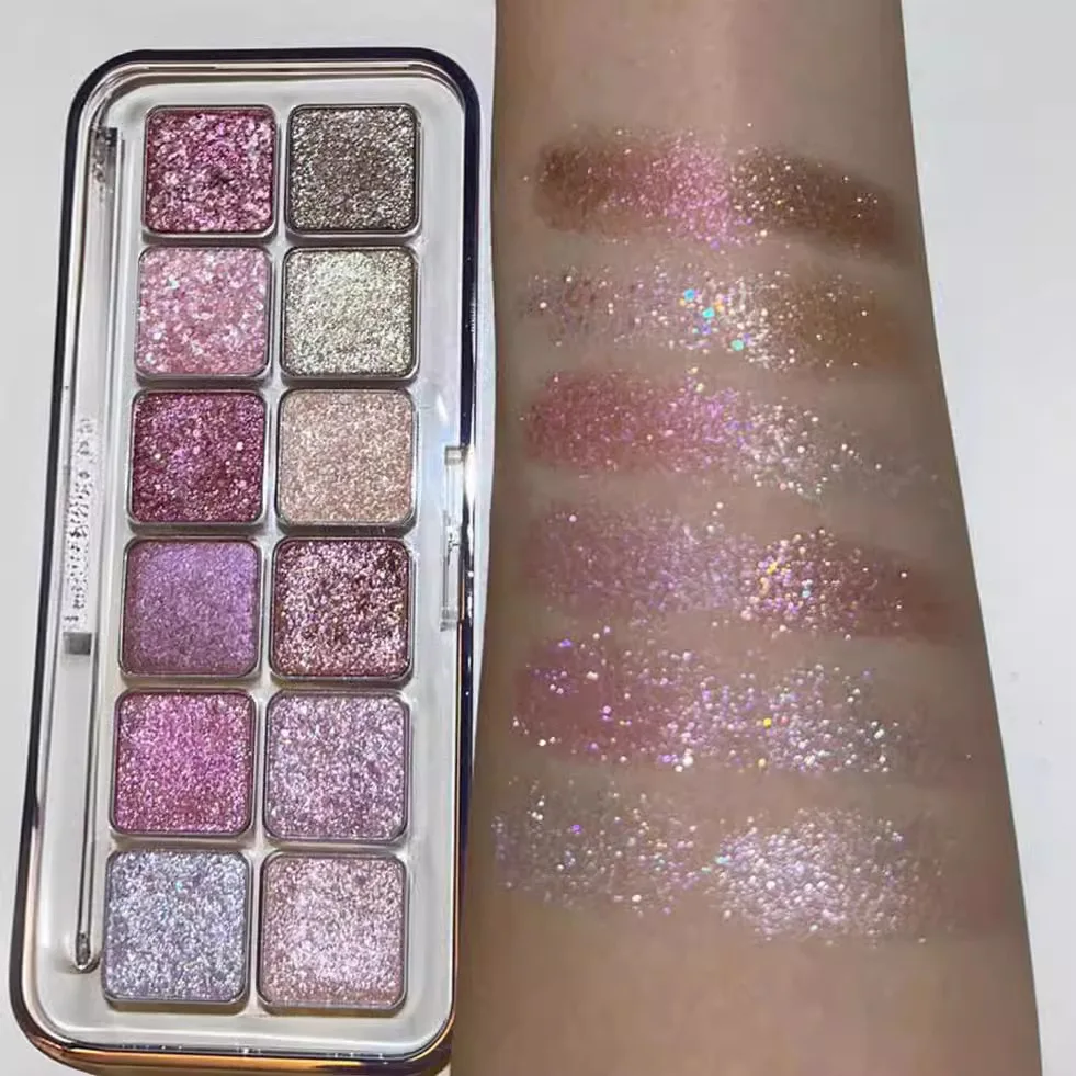 Sparkling Glitter Eyeshadow Palette Cheap Makeup Shadow Gold Bright Shimmer Highlights Cool Tone Charming Pink Pearl Korean Eyes