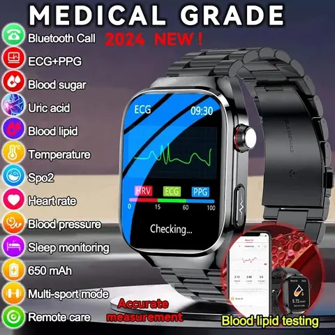 자세히 둘러보기 2024 새로운 의료 등급 요산 혈액 지방 Smartwatch ECG 혈당 심박수 혈압 건강 모니터링 스마트 시계