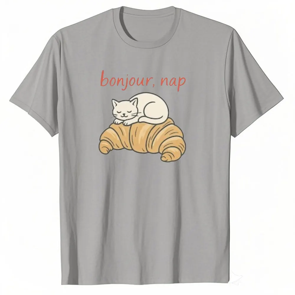 Funny Cat Croissant Shirt Bonjour Nap Tees Cute Cat Lover Gift Cozy French Aesthetic Tops Food Pun Sweatshirt Cotton Tops