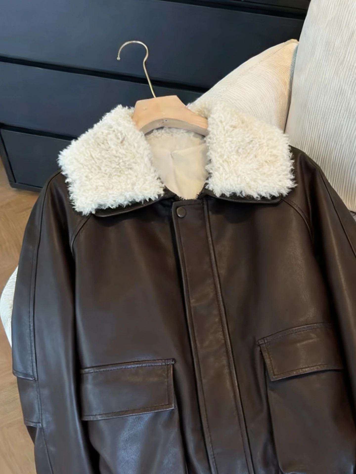 Legal retro sle bombardeiro jaet feminino contraste cor colarinho casaco de couro calor longo sve fechamento com zíper streetwear