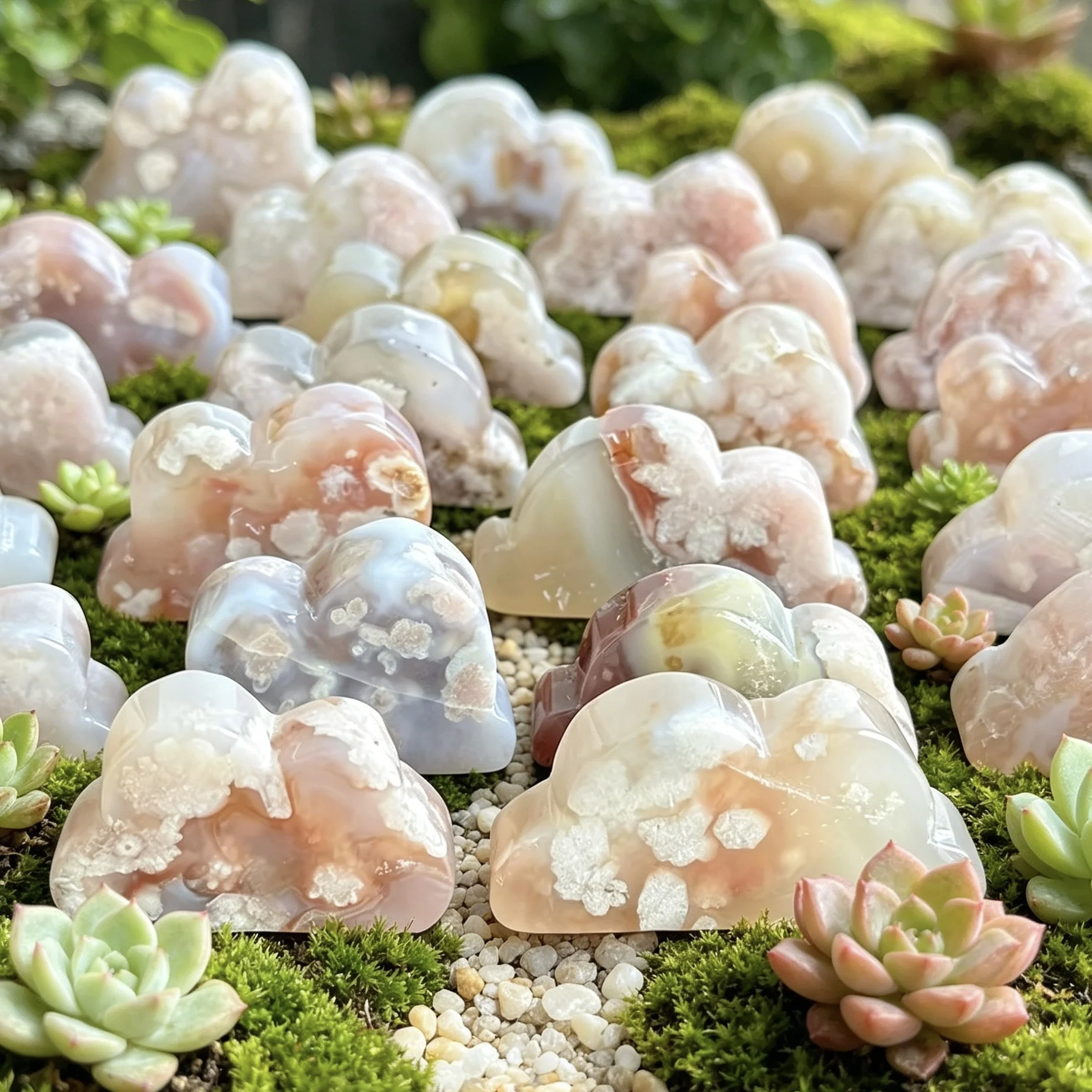 1pc Natural High Quality Cherry Flower Agate & Moss Agate & Green Aventurine & Fluorite Cloud Carving Ornament,Healing Gift for