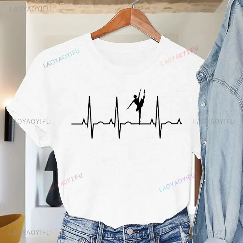 Ballerina Heartbeat Shirt Best Ballet Dancer Print T-Shirt Harajuku Retro Style Lady Short Sleeve Cotton Tshirt Casual Tees Tops