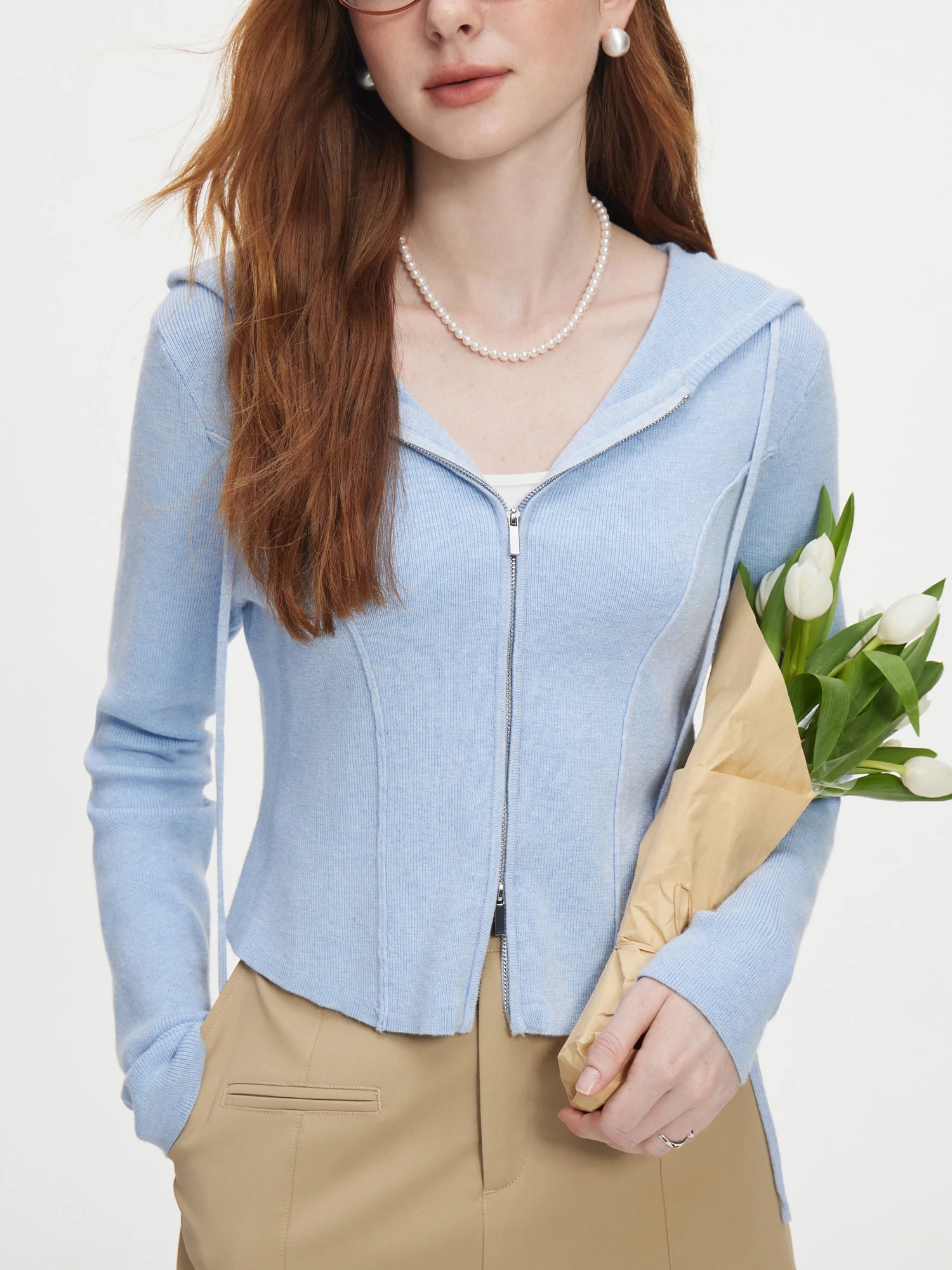 FSLE Women\'s Hooded Cardigan Solid Sweatshirt Spring Autumn Herringbone High Waist Short Versatile Casual Top 24FS13031