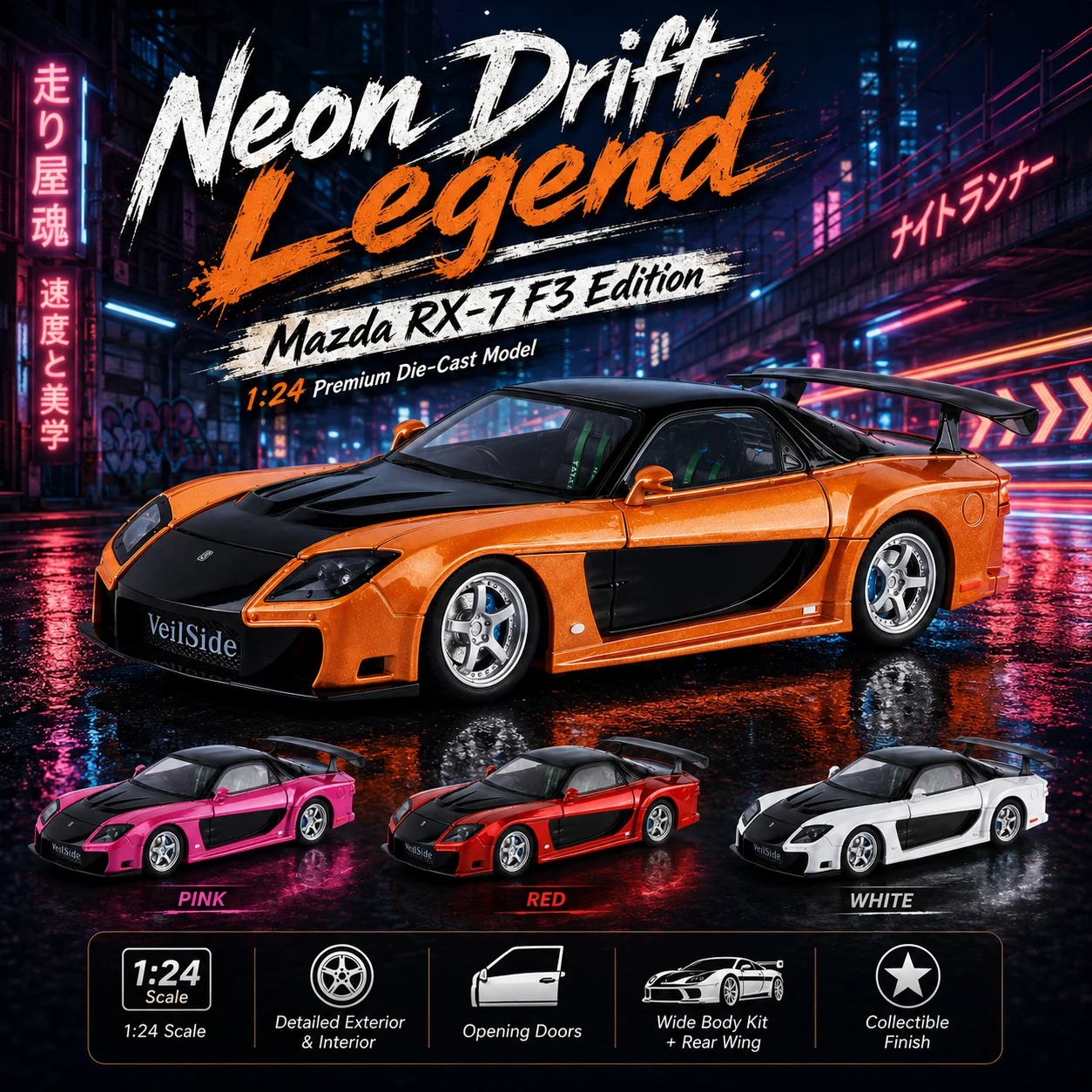 

1/24 Mazda RX7 F3 Edition Racing Toy Car JDM Model 1:24 Diecast Meatl Vehicle Miniature Sound Light Collection Gift Boyfriend