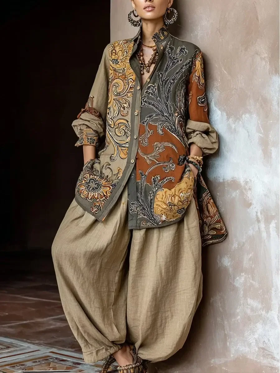 Women Long Sleeve Outfit Cotton Linen Fashion Vintage Print Turndown Collar Button Long Sleeve Shirts with Loose Wide-leg Pants
