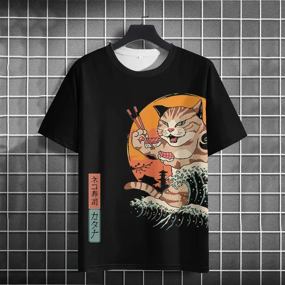 Ukiyo-e-Stil Herren 3D Katzen-Samurai-Print T-Shirt Harajuku Cartoon Grafik T-Shirt Outdoor Street Casual Kurzarm-Oberteil