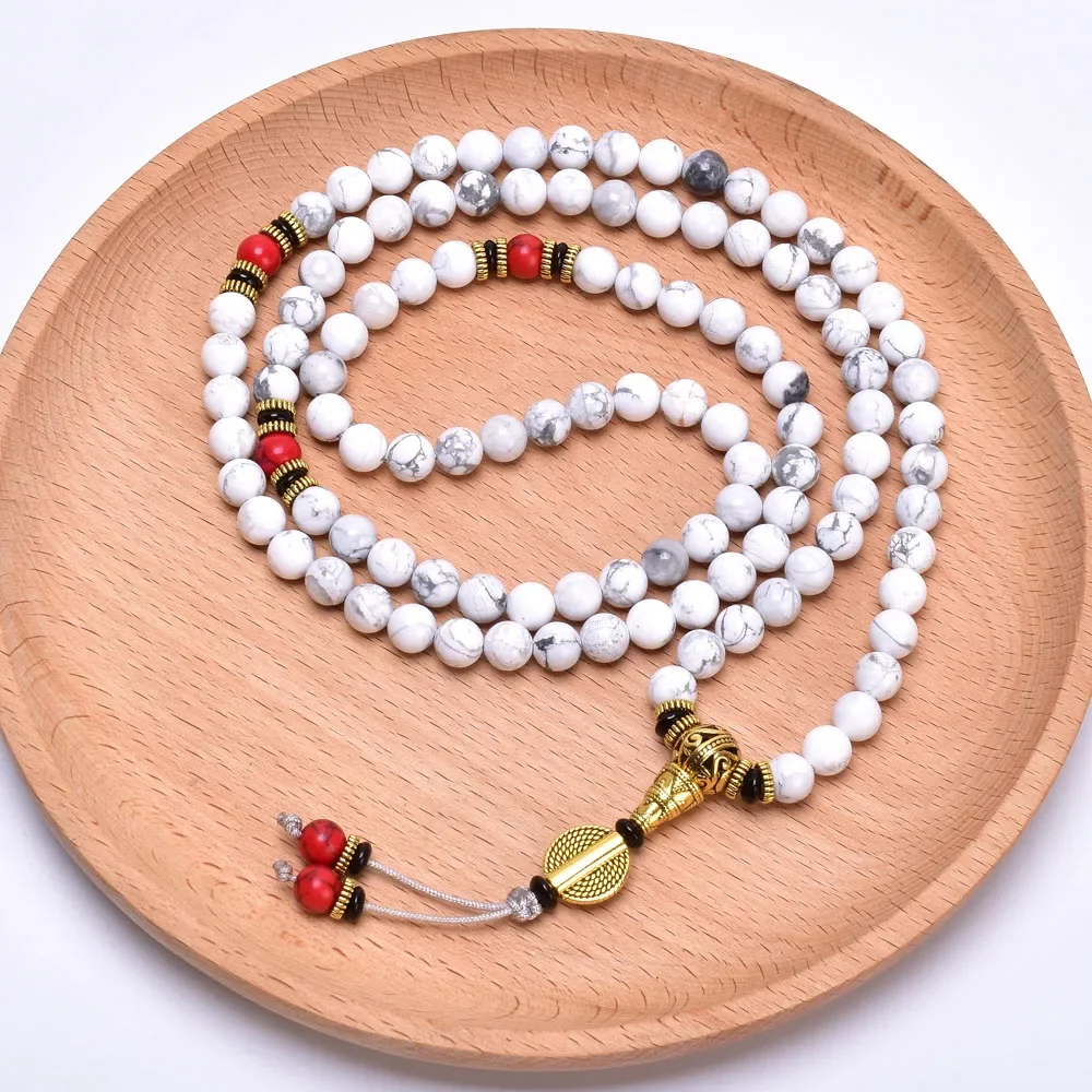 Buddhist Prayer Bead Necklace Howlite Stone 108 Mala Bracelet Handmade Meditation Jewelry