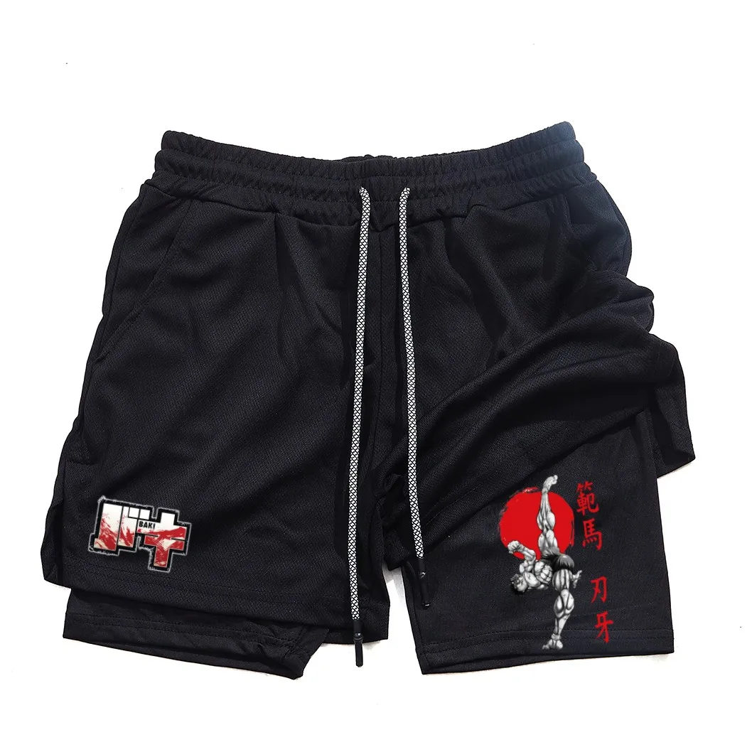 

Unisex Quick Drying Mesh Gym Shorts Animated Printed Baki Hanma 2-in-1 Design Men's And Women's Sport Shorts with Sleeves