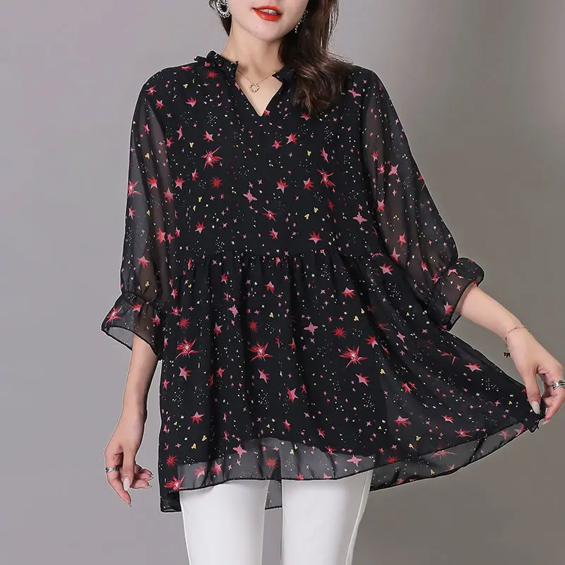 

Casual Loose Printed Midi Shirt Summer Female Clothing Elegant V-Neck Commute Half Sleeve All-match Korean Patchwork Blouse 2023