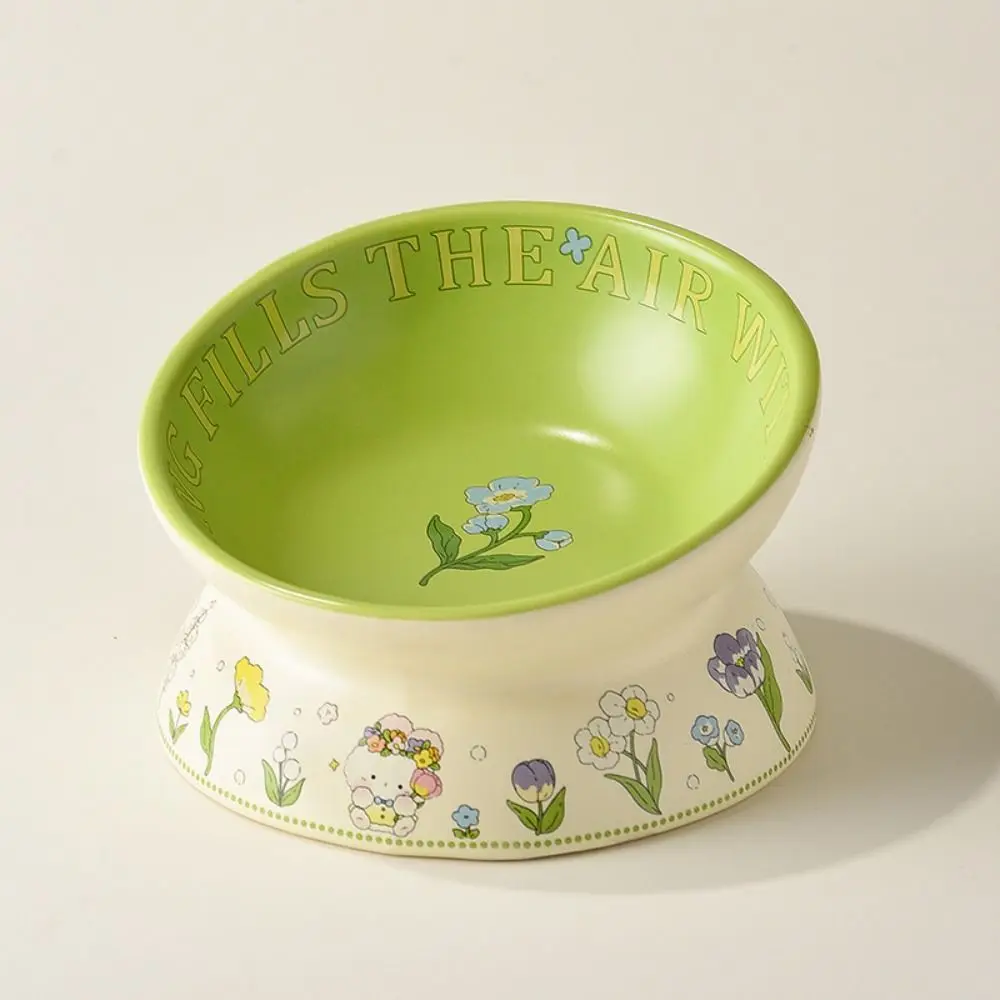 Green Ceramic Cat Bowl Rabbit Flower High Foot Diagonal Pet Feeding Bowl Non-Slip Cat Canned Food Bowl For Drinking Feeding view 2