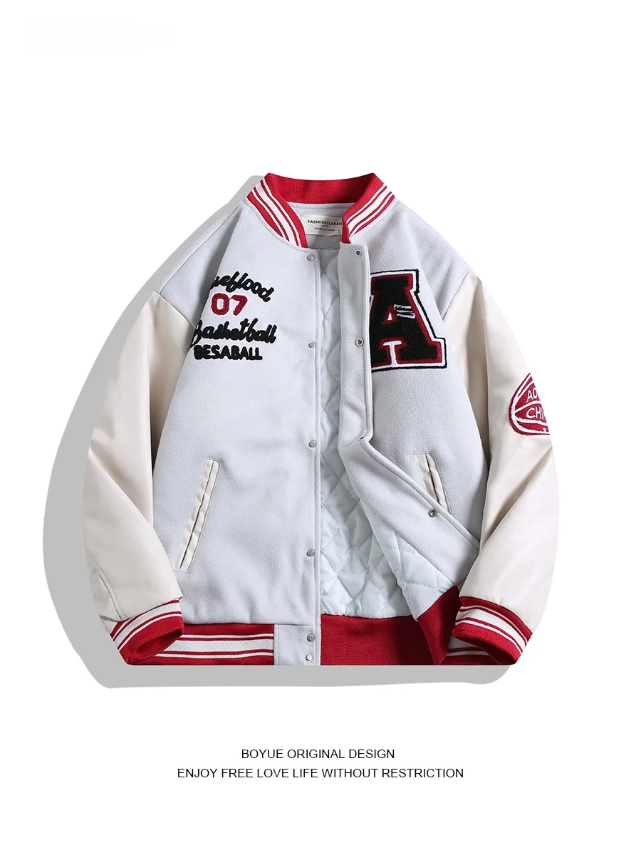 

Boyue Collage Leather Cotton Baseball Jaet Casual Loose Fit Embroidered Hip Hop Contrast Color Patches ex Outerwear