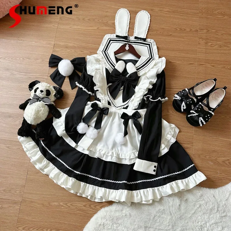 Lolita New Winter Long-sleeved Rabbit Ear Dress Y2k Cute Princess Dresess Girls Junior High School Sweet Rojita Black Vestidos