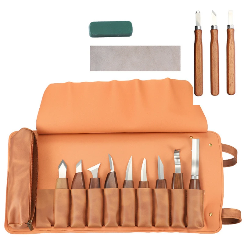 

Carving Knife Set 12-Piece Wood Handle High-Quality Carbon Steel Blades with Leather Roll and Sharpening Kit for Woodworking